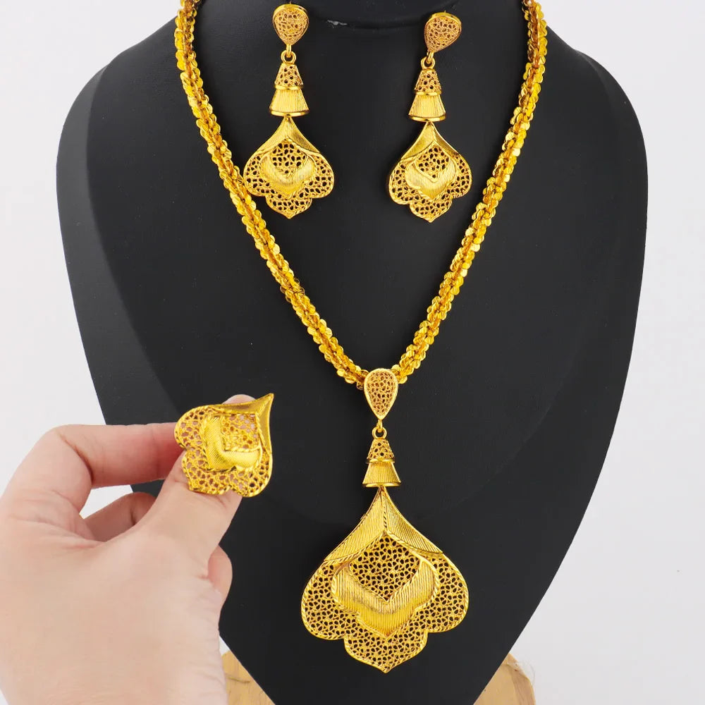 2025 Nigeria Classic Fashion Women Jewelry Sets Mystical Dubai Female Earrings Ring Flower Necklace For Party Wedding Easter Gif