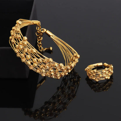 Luxury Dubai Gold Color Bangle And Ring For Women Noble Hollow Out Design Jewelry Set For Easter Gifts Wedding Arabic Party