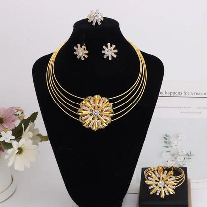 Arab Luxury Women Gold Color Necklace Earrings Bangle Ring Set Hollowed out Colorful Zircon Jewelry Set For Party Easter Gift