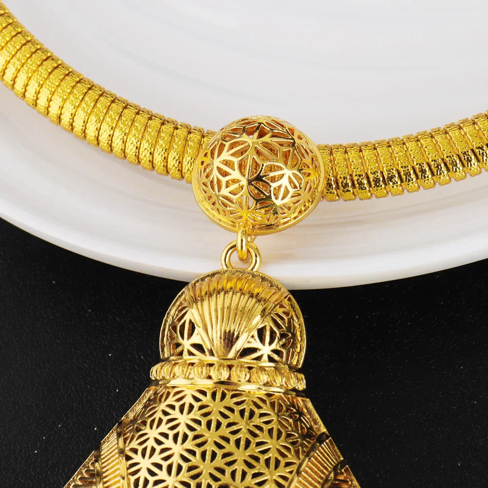 Luxury Nigeria Gold Color Jewelry Set For Women Dubai Nesting Doll Necklace Ring Drop Earrings Gift For Young Girl Party Easter