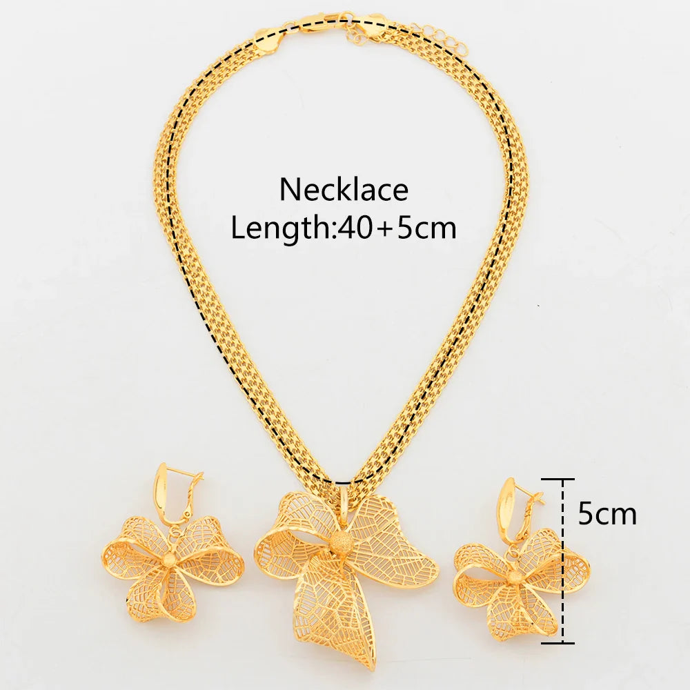 YM Dubai Gold Color Jewelry Sets for Women Copper Necklace Earrings Bowknot Pendant African Bridal Wedding Jewelry Accessories - YUEMING JEWELRY
