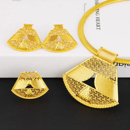 Dubai Luxury Gold Color Shining Necklace Earrings Ring Set for Women Noble Fashion Design Jewelry Gift for Party Nigeria Bride