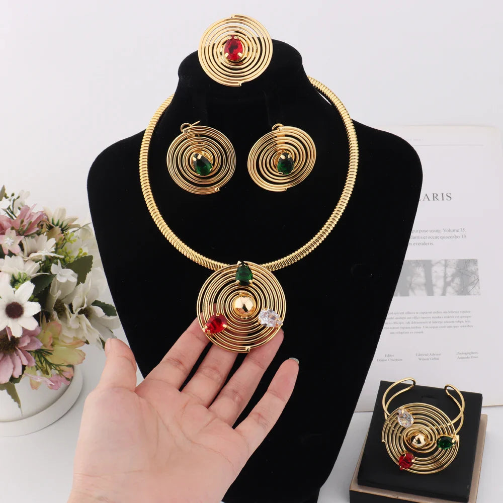 Dubai Luxury Gold Plated Round Shape Noble Women Jewelry Set With Bangle Necklace Ring Earrings Exclusive Design Festival Gift