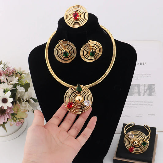 Dubai Luxury Gold Plated Round Shape Noble Women Jewelry Set With Bangle Necklace Ring Earrings Exclusive Design Festival Gift