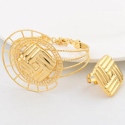 YM Jewelry Set for Women Copper Necklace Clip Earrings Geometry Pendant Gold Color Cuff Bangles Ring African Trendy Party Gifts - YUEMING JEWELRY