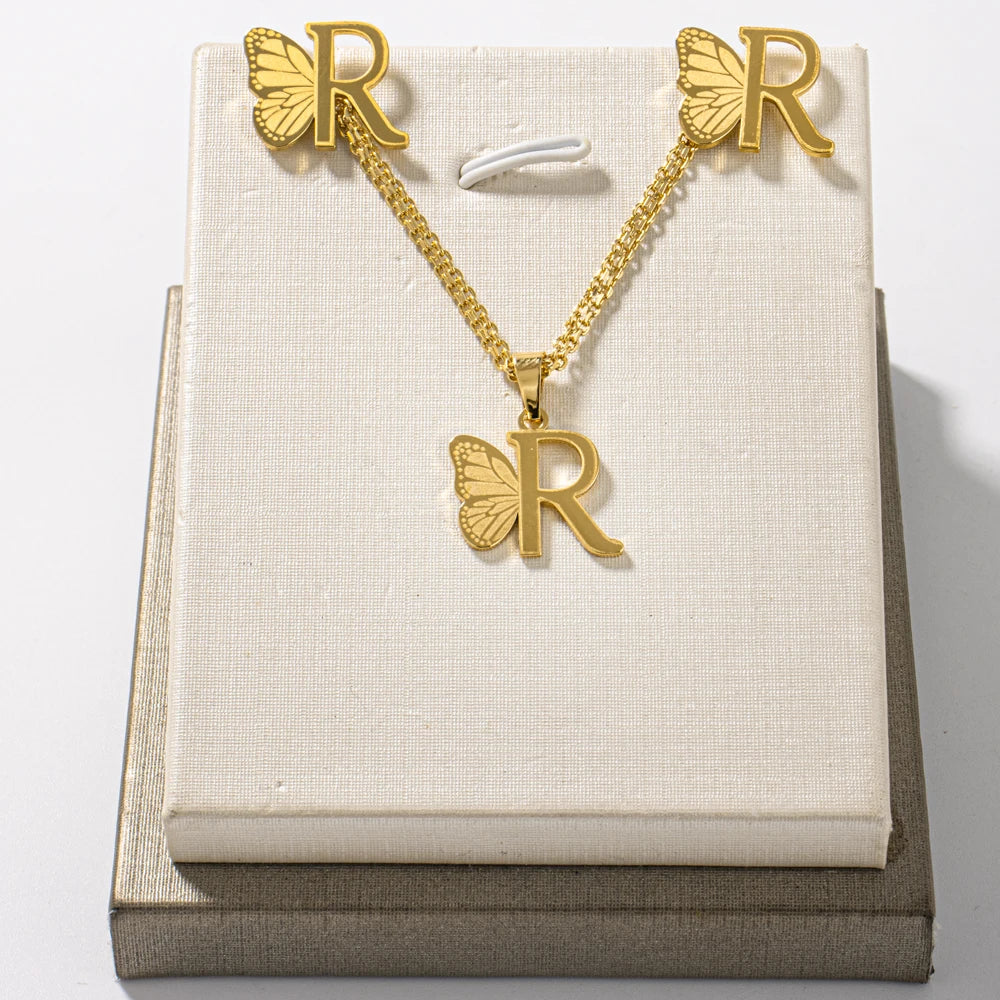 French Letter Pendant Necklace and Earrings 2Pcs Set For Girls Women Gold Color Butterfly Wings Shape Jewelry Gift For Wedding