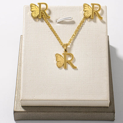French Letter Pendant Necklace and Earrings 2Pcs Set For Girls Women Gold Color Butterfly Wings Shape Jewelry Gift For Wedding