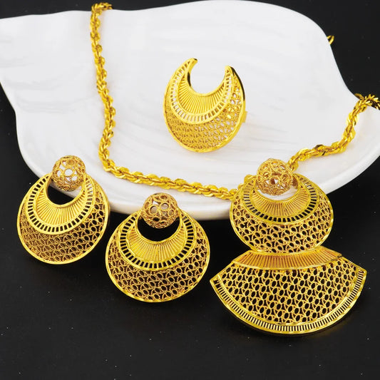 Dubai Luxury Gold Color Shining Necklace Earrings Ring Set for Women Noble Gold Plated Jewelry Gift for Party Wedding Banquet