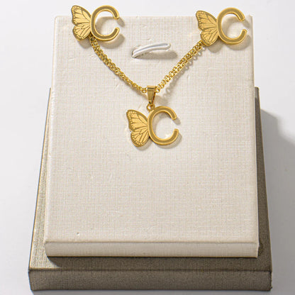 French Letter Pendant Necklace and Earrings 2Pcs Set For Girls Women Gold Color Butterfly Wings Shape Jewelry Gift For Wedding