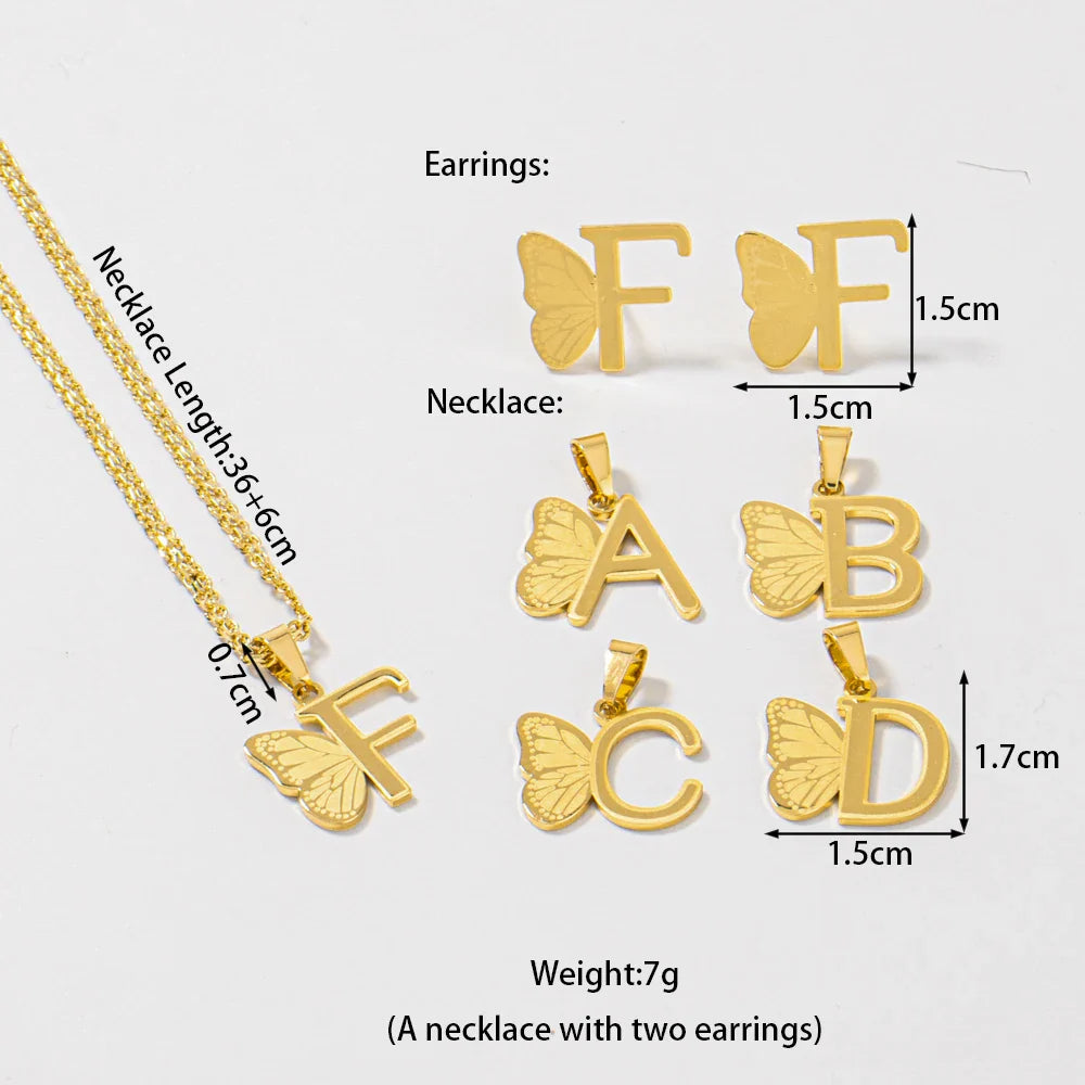 French Letter Pendant Necklace and Earrings 2Pcs Set For Girls Women Gold Color Butterfly Wings Shape Jewelry Gift For Wedding