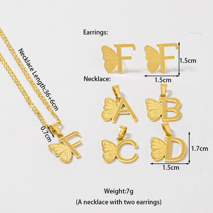 French Letter Pendant Necklace and Earrings 2Pcs Set For Girls Women Gold Color Butterfly Wings Shape Jewelry Gift For Wedding