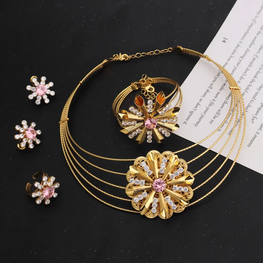 Fashion Shining Flower Shape Women Jewelry Set With Necklace Earrings Ring Bangle Gold Color Jewelry Gift For Party Wedding
