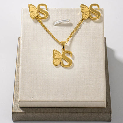 French Letter Pendant Necklace and Earrings 2Pcs Set For Girls Women Gold Color Butterfly Wings Shape Jewelry Gift For Wedding