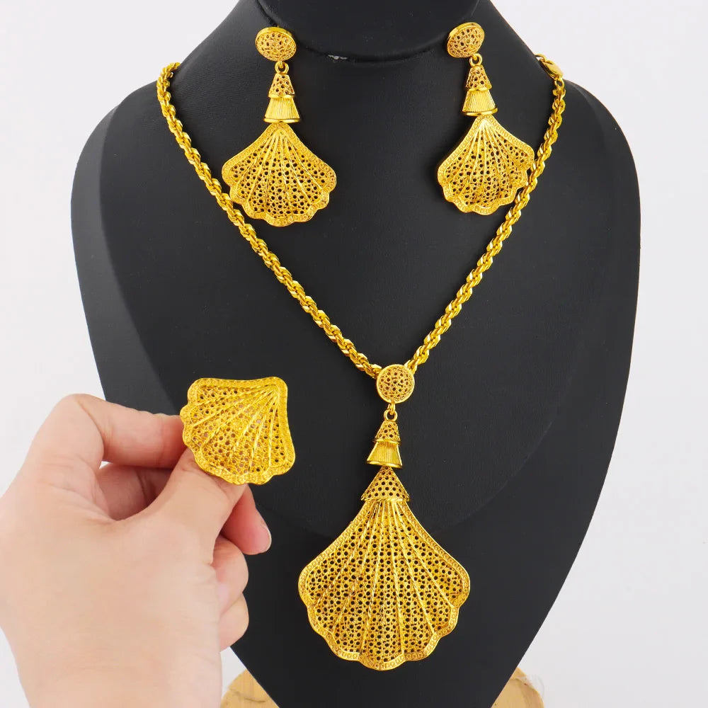 Arab Women Jewelery Set Nigerian Shell Shape Earrings Luxury Necklace Ring Easter Mother's Day Daily Gift Spring Promotion titk