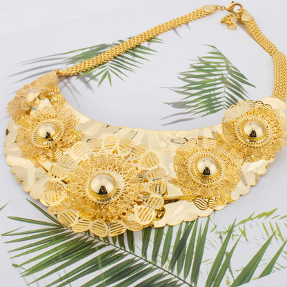 2025 Luxury Women's 4Pcs Jewellery Set Gold Color Flowers Shape Earrings Bracelets Necklace and Ring For Party Women's Day
