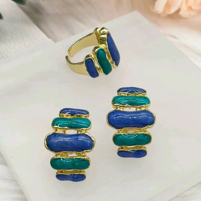 Colorful Women Earrings Ring Congo Africa Trendy Earrings Jewelry Advanced Shine Gold Plated Ring Women's Day Wedding Party