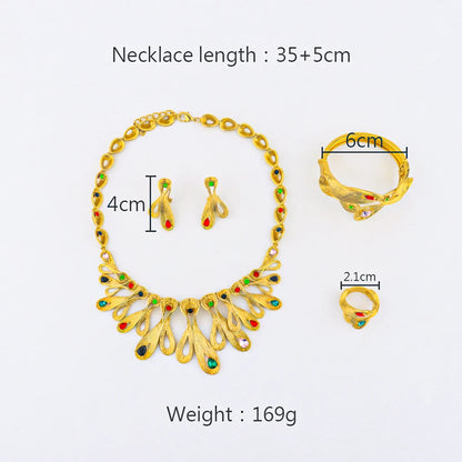 Dubai Luxury Gold Colour 4Pcs Jewelry Set Colored Gemstones Necklace Earrings Bracelet Ring Gift for Women's Day Party Wedding