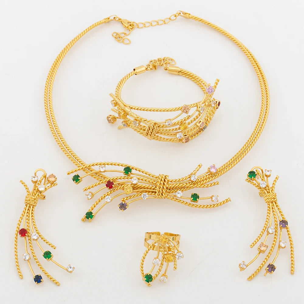 Nigerian Jewelry Set for Women Dubai Gold color Colored Zircon Pendant Wedding African Necklace Earrings Bracelet Adjustable Rin - YUEMING JEWELRY