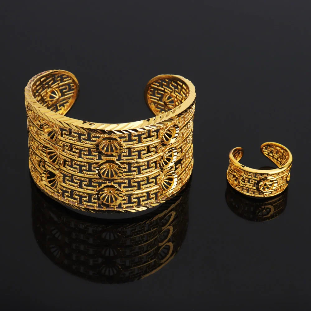 Luxury Dubai Gold Color Bangle And Ring For Women Noble Hollow Out Design Jewelry Set For Easter Gifts Wedding Arabic Party