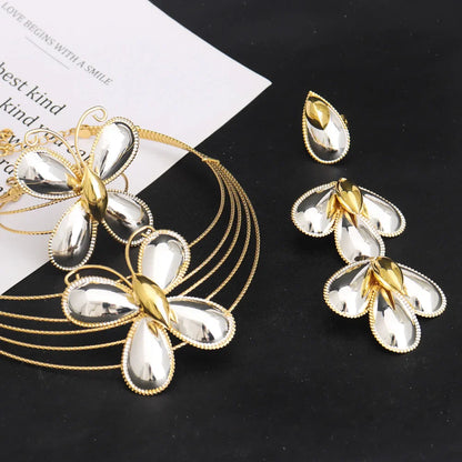 Dubai Luxury Jewellery 4PC Women's Fashion Trendy Flower Earrings Pendant Necklace Bracelet Set Gold-Plated Jewellry Party Gifts