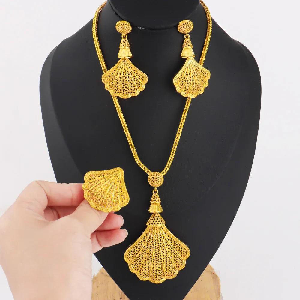 Arab Women Jewelery Set Nigerian Shell Shape Earrings Luxury Necklace Ring Easter Mother's Day Daily Gift Spring Promotion titk