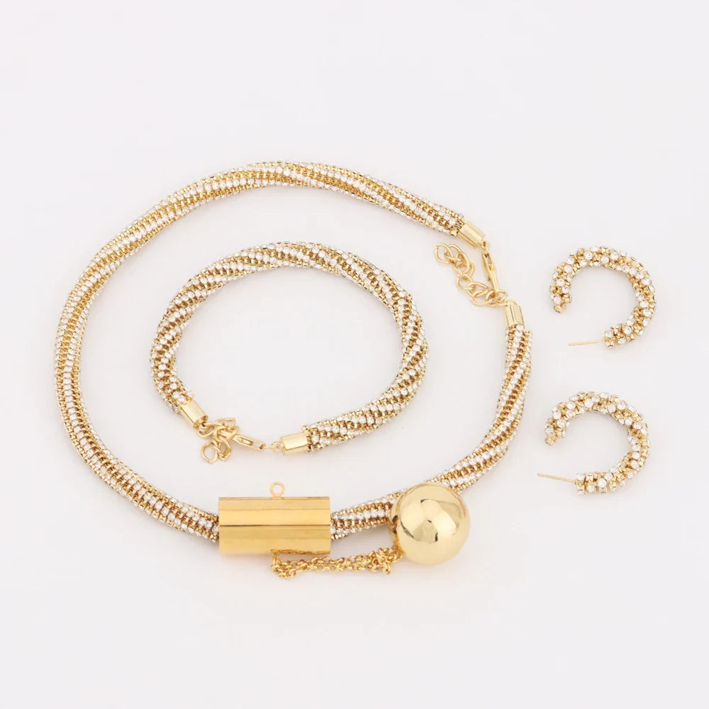Gold Color Necklace Bangle Ring Earrings Jewelry Set For Women Girl Luxury Elegant Noble Design Jewelry Gift For Party Wedding
