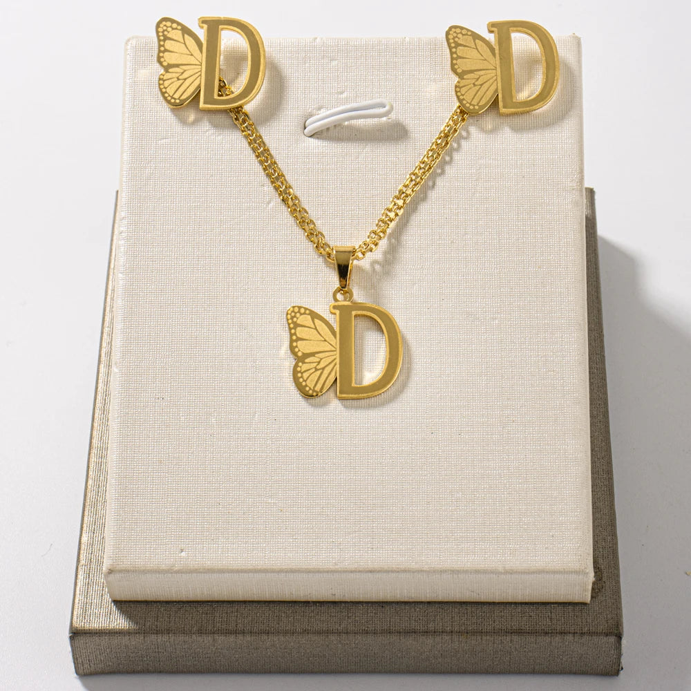 French Letter Pendant Necklace and Earrings 2Pcs Set For Girls Women Gold Color Butterfly Wings Shape Jewelry Gift For Wedding