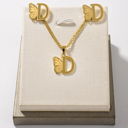 French Letter Pendant Necklace and Earrings 2Pcs Set For Girls Women Gold Color Butterfly Wings Shape Jewelry Gift For Wedding