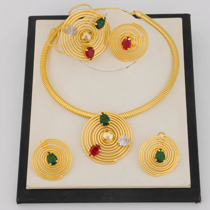 2025 New Style Gold Color Jewelry Set Circle Shape Earrings Colored Zircon Necklace Ring And Bracelet For Banquet Women's Day