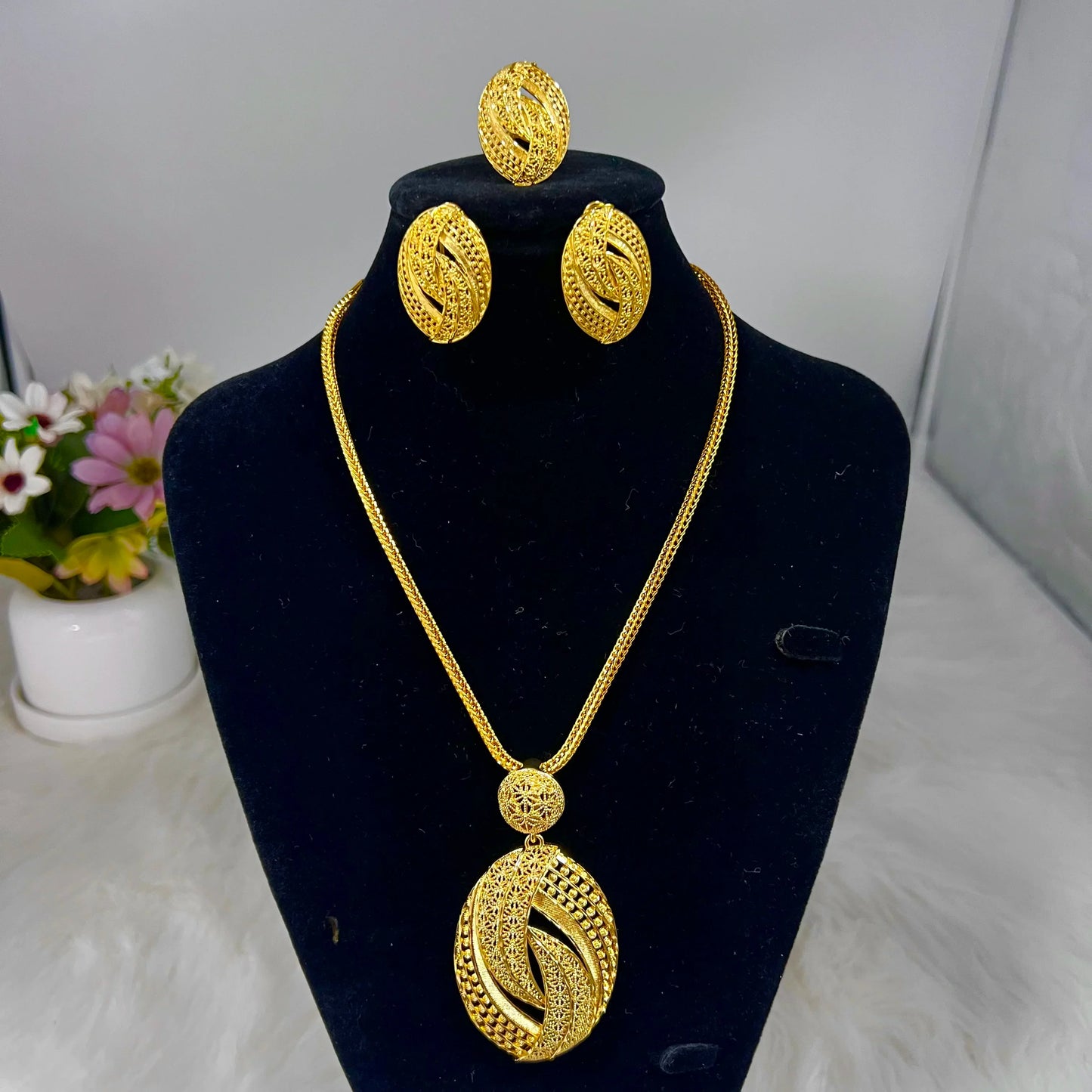 Low-key Luxury Gold Plated Necklace Ring Earrings Jewelry Set for Women Girl Noble Design Jewelry Accessories Gift For Party