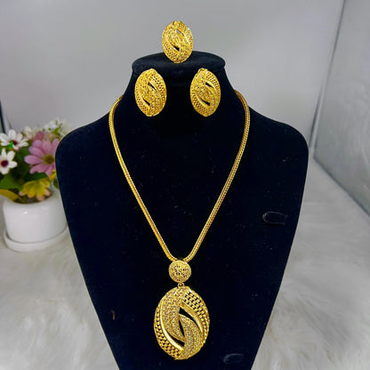Low-key Luxury Gold Plated Necklace Ring Earrings Jewelry Set for Women Girl Noble Design Jewelry Accessories Gift For Party