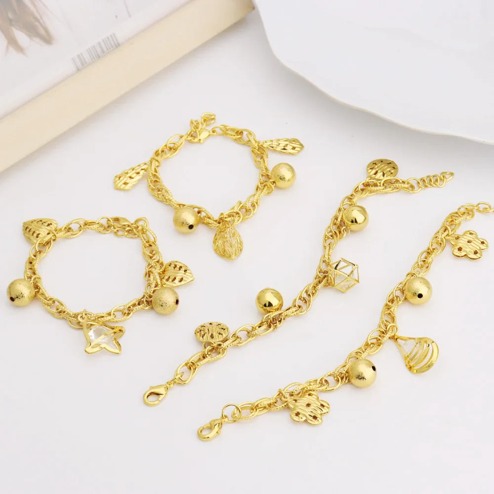 Luxury Gold Color Bangles Noble Women's Stainless Steel Jewelry Zircon Pendant Handmade Link Chain For African Party Wedding