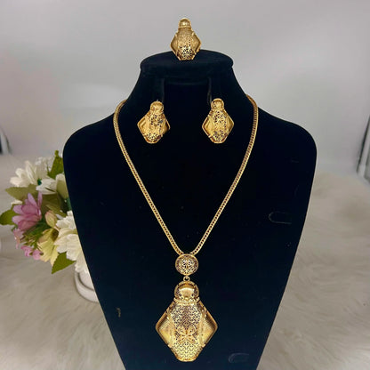 Dubai Luxury Elegant Gold Plated Necklace Ring Earrings 3Pcs Set for Women Gold Color Jewelry Gift for Nigeria Bride Wedding