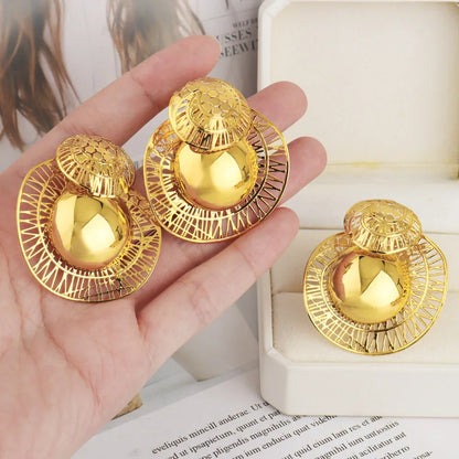 Luxury Shining Gold Color Earrings Ring Set for Women Bride Nigeria Noble Design Jewelry Gift for Wedding Party Accessories