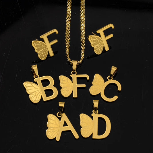 French Letter Pendant Necklace and Earrings 2Pcs Set For Girls Women Gold Color Butterfly Wings Shape Jewelry Gift For Wedding