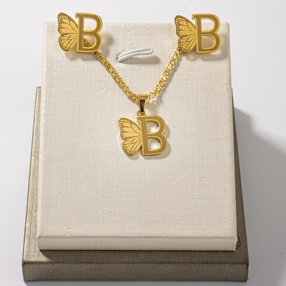 French Letter Pendant Necklace and Earrings 2Pcs Set For Girls Women Gold Color Butterfly Wings Shape Jewelry Gift For Wedding