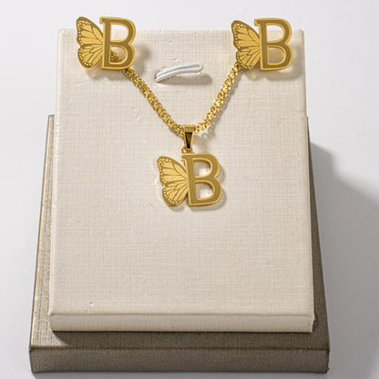 French Letter Pendant Necklace and Earrings 2Pcs Set For Girls Women Gold Color Butterfly Wings Shape Jewelry Gift For Wedding