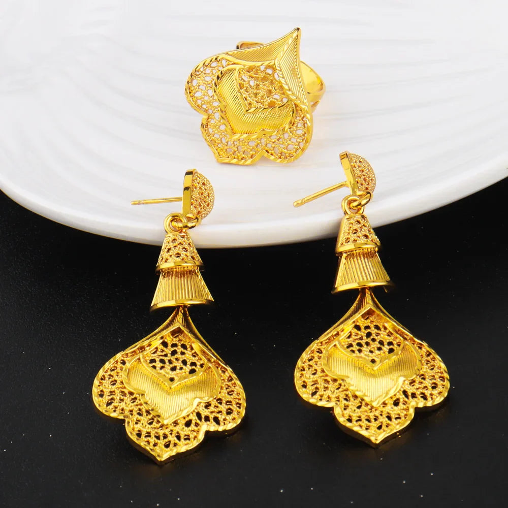 2025 Nigeria Classic Fashion Women Jewelry Sets Mystical Dubai Female Earrings Ring Flower Necklace For Party Wedding Easter Gif