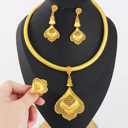 2025 Nigeria Classic Fashion Women Jewelry Sets Mystical Dubai Female Earrings Ring Flower Necklace For Party Wedding Easter Gif