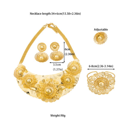 Gold Color Flower Shape Pendant Necklace Ring Necklace Bangle Set for Women 2025 African Trendy Beaded Jewelry Accessories Gift