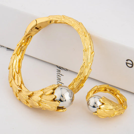 Bracelet For Women Gold Plated Woven Pattern Copper Zircon Bangle And Ring Dubai Jewelry Nigeria Trending Wedding Party Gift