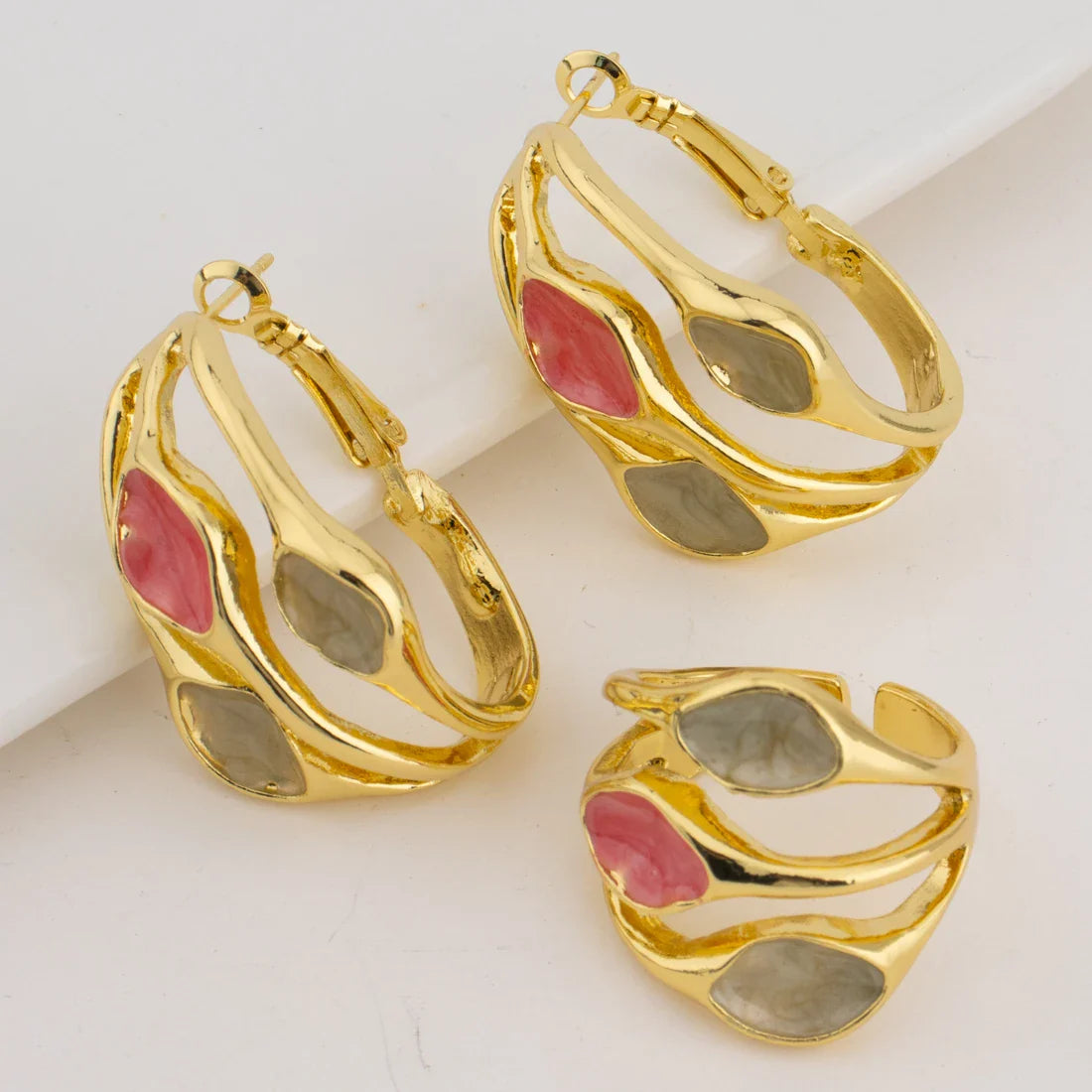 Colorful Women Earrings Ring Congo Africa Trendy Earrings Jewelry Advanced Shine Gold Plated Ring Women's Day Wedding Party