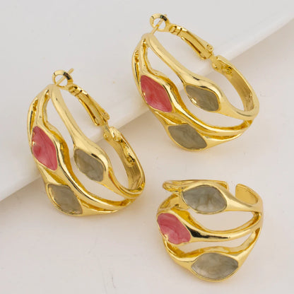 Colorful Women Earrings Ring Congo Africa Trendy Earrings Jewelry Advanced Shine Gold Plated Ring Women's Day Wedding Party