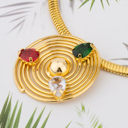 2025 New Style Gold Color Jewelry Set Circle Shape Earrings Colored Zircon Necklace Ring And Bracelet For Banquet Women's Day