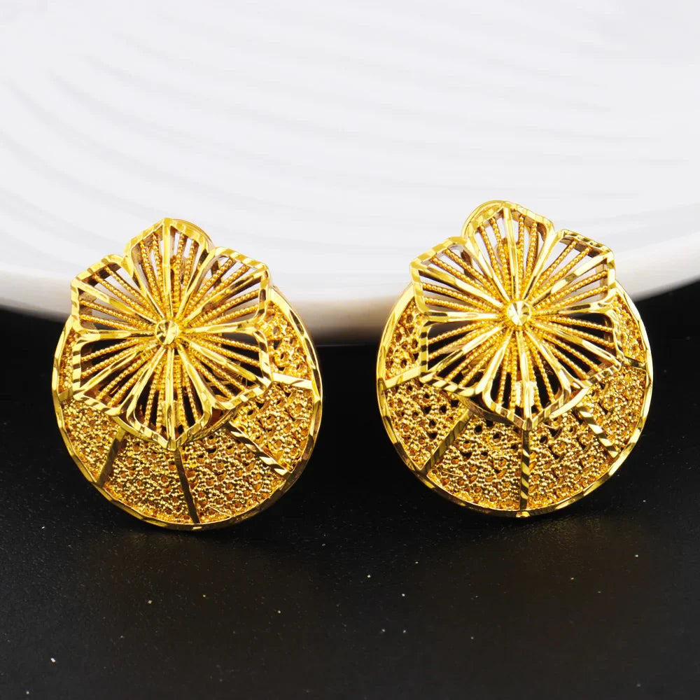 Luxury Dazzling Gold Color Necklace Earrings Ring Set for Women Gold Plated Flower Shape Jewelry Gift for Party Wedding