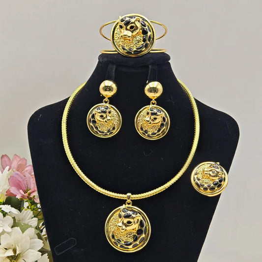 Dubai Gold Plated 4pcs Jewelry Sets for Women Luxury Earrings Nigeria Bangles Leopard Ring and Necklace Party Easter Gift titk