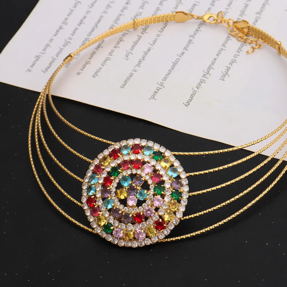 Luxury Noble Gold Color Necklace Earrings Bracelet Ring Set For Women Round Shape Jewelry Set For Party Wedding Banquet Gift