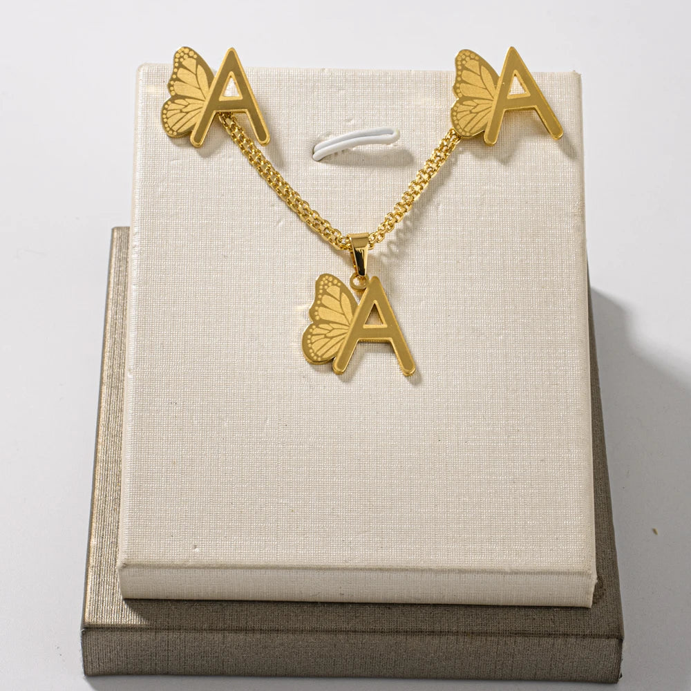 French Letter Pendant Necklace and Earrings 2Pcs Set For Girls Women Gold Color Butterfly Wings Shape Jewelry Gift For Wedding