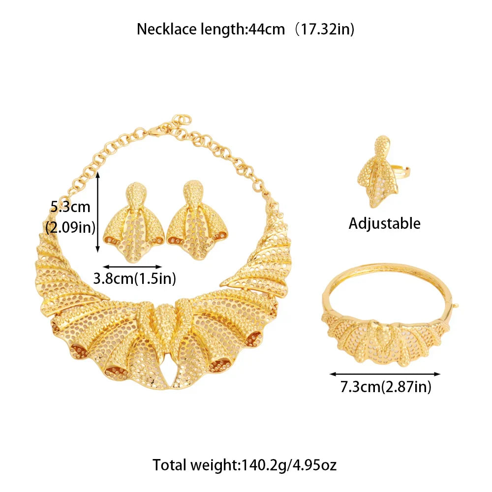 18k Gold Plated Inspired Women Jewelry Necklace Earrings Bracelet Rings Set for Nigeria Lagos Fashion Exotic Skin Friendly