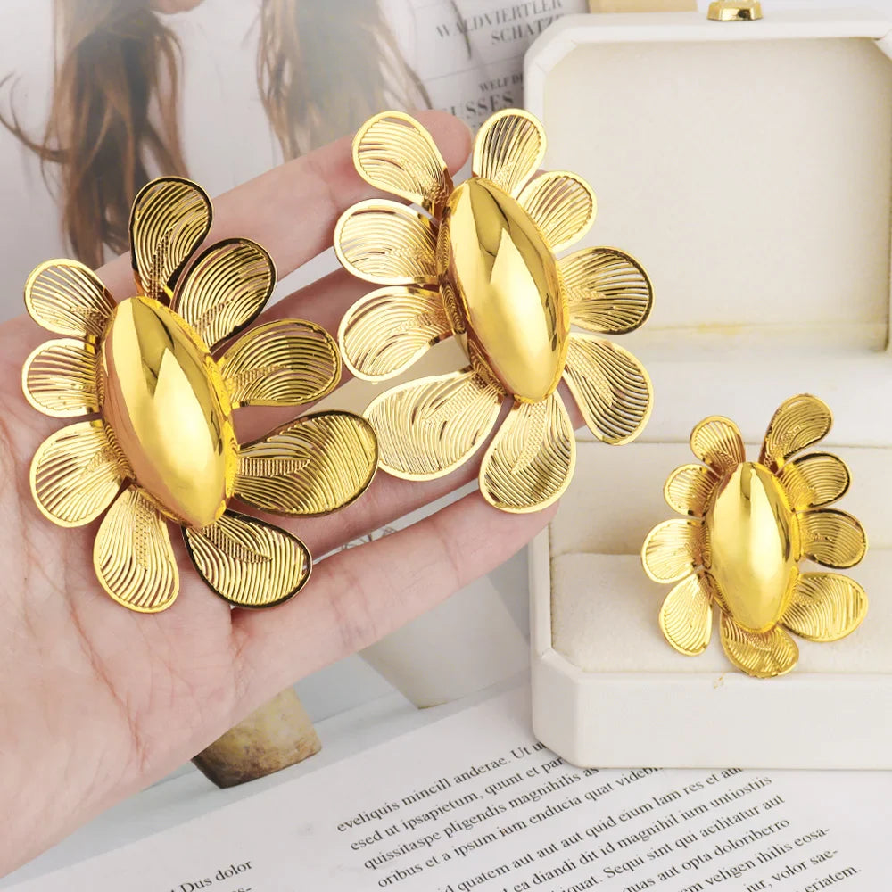 Luxury Shining Gold Color Earrings Ring Set for Women Bride Nigeria Noble Design Jewelry Gift for Wedding Party Accessories